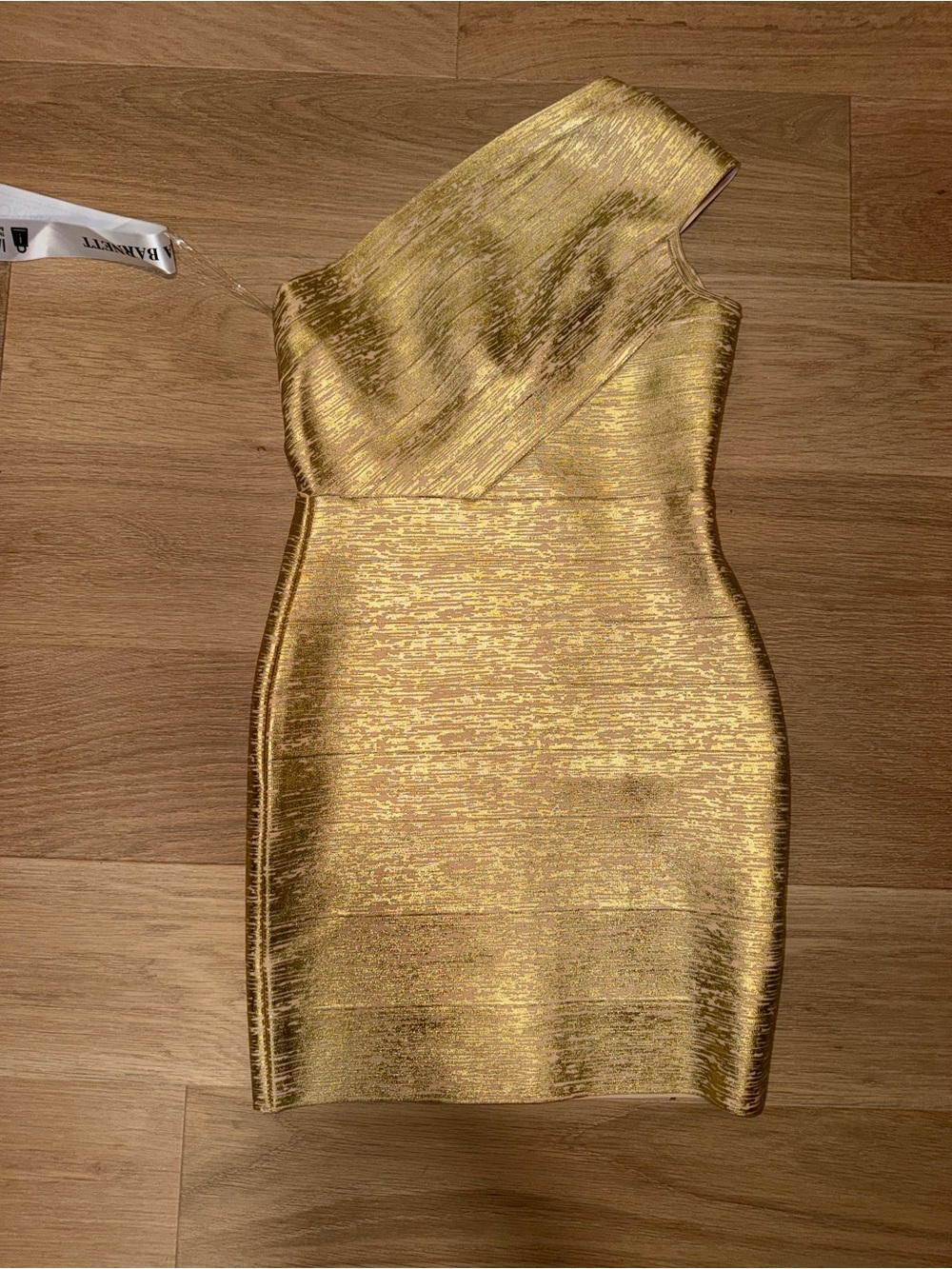 One-Shoulder Metallic Gold Bodycon Dress SIZE M - Picture 3 of 5